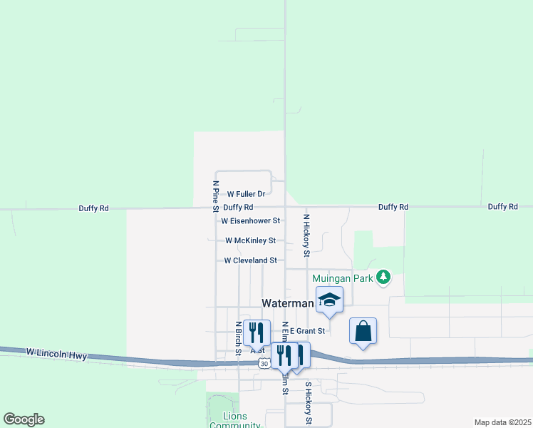map of restaurants, bars, coffee shops, grocery stores, and more near 525 North Elm Street in Waterman
