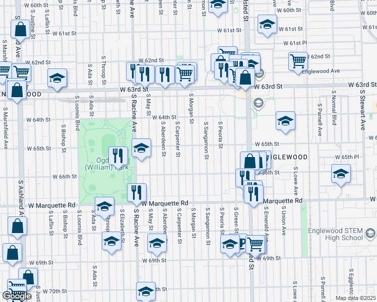 map of restaurants, bars, coffee shops, grocery stores, and more near 6535 South Morgan Street in Chicago