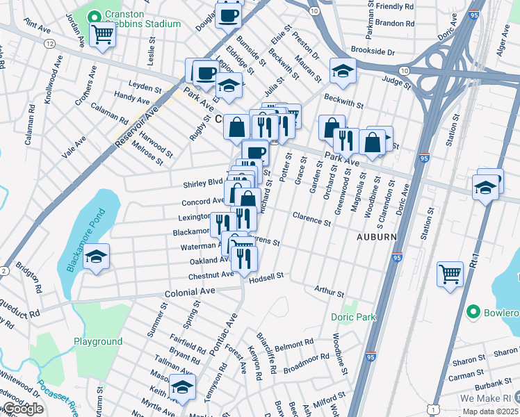 map of restaurants, bars, coffee shops, grocery stores, and more near 101 Richard Street in Cranston