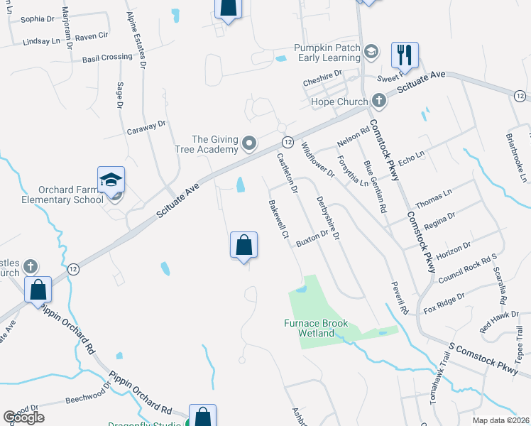 map of restaurants, bars, coffee shops, grocery stores, and more near 49 Bakewell Court in Cranston