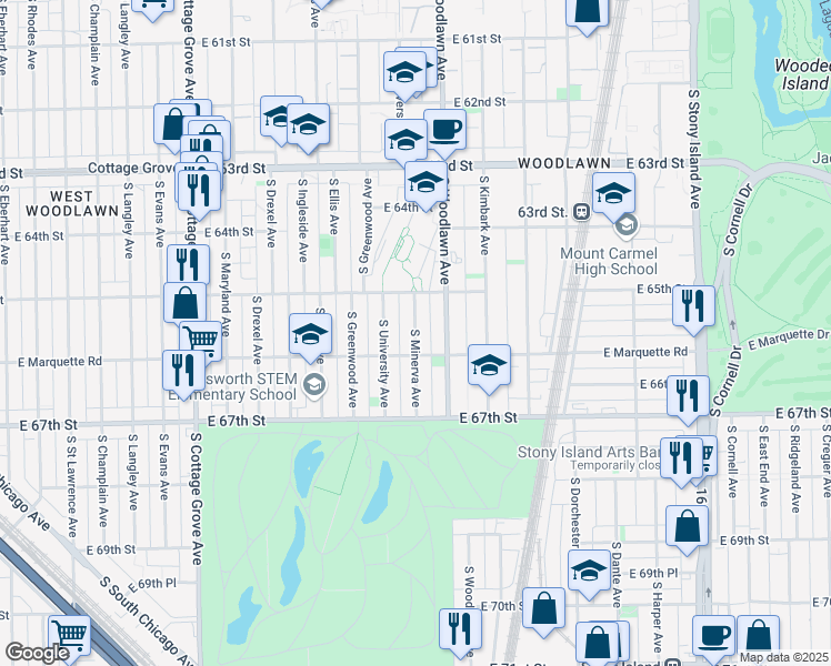 map of restaurants, bars, coffee shops, grocery stores, and more near 6601 South Minerva Avenue in Chicago