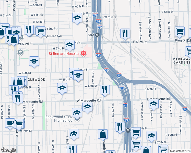 map of restaurants, bars, coffee shops, grocery stores, and more near 6553 South Yale Avenue in Chicago