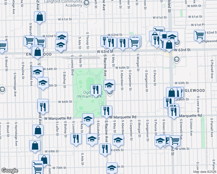 map of restaurants, bars, coffee shops, grocery stores, and more near 6504 South Racine Avenue in Chicago