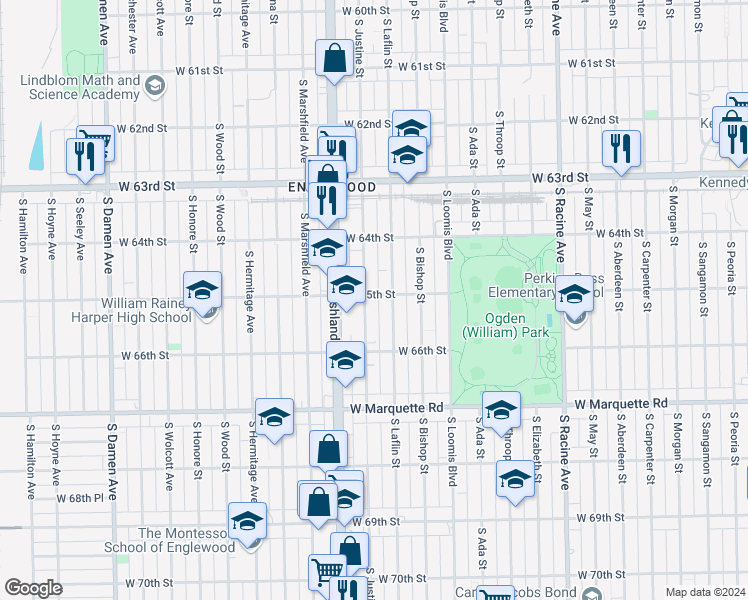 map of restaurants, bars, coffee shops, grocery stores, and more near 6528 South Justine Street in Chicago