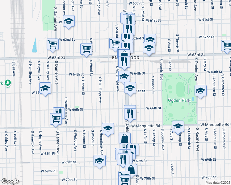 map of restaurants, bars, coffee shops, grocery stores, and more near 6527 South Paulina Street in Chicago