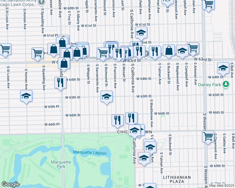 map of restaurants, bars, coffee shops, grocery stores, and more near 6514 South Francisco Avenue in Chicago