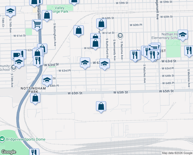 map of restaurants, bars, coffee shops, grocery stores, and more near 6824 West 64th Place in Chicago