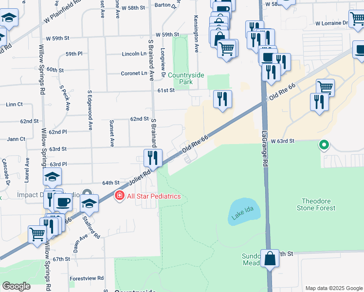 map of restaurants, bars, coffee shops, grocery stores, and more near in Countryside