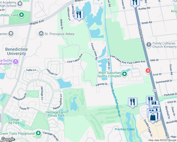 map of restaurants, bars, coffee shops, grocery stores, and more near 6000 Oakwood Drive in Lisle