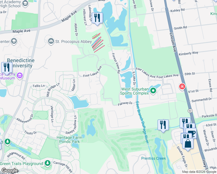 map of restaurants, bars, coffee shops, grocery stores, and more near 6010 Oakwood Drive in Lisle