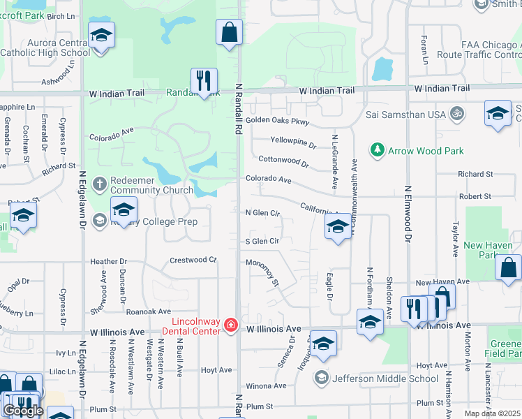 map of restaurants, bars, coffee shops, grocery stores, and more near 1385 South Glen Circle in Aurora