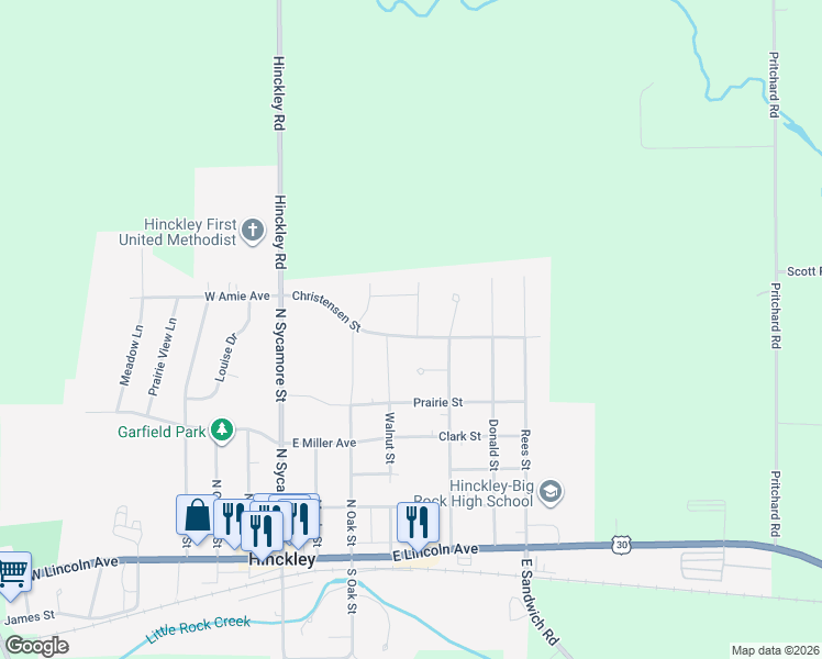 map of restaurants, bars, coffee shops, grocery stores, and more near 540 Walnut Street in Hinckley