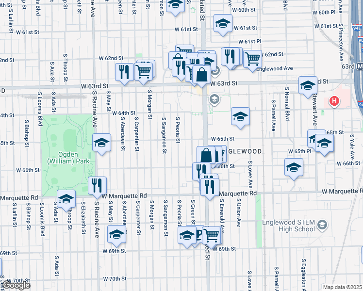 map of restaurants, bars, coffee shops, grocery stores, and more near 6509 South Peoria Street in Chicago