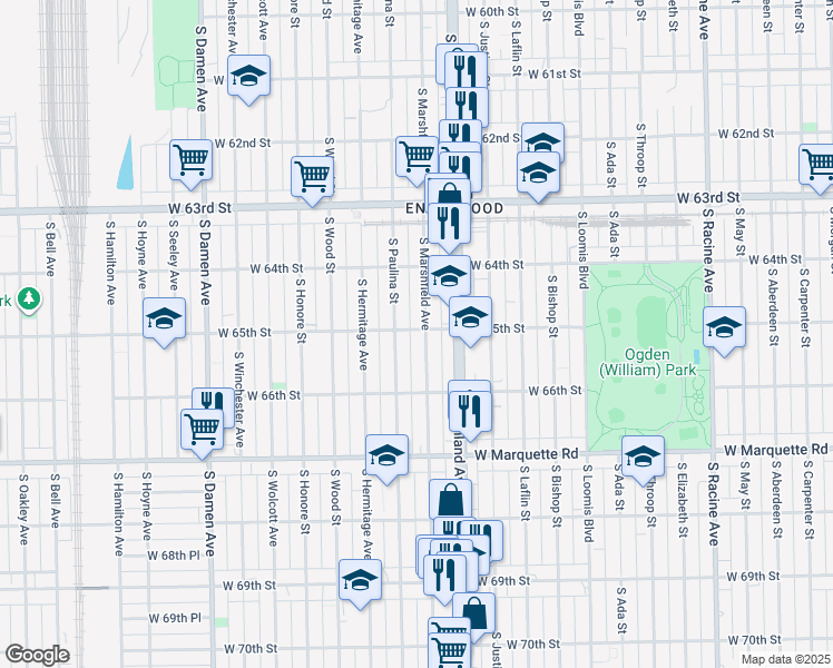 map of restaurants, bars, coffee shops, grocery stores, and more near 6527 South Paulina Street in Chicago