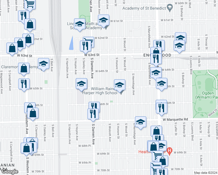 map of restaurants, bars, coffee shops, grocery stores, and more near 1900 West 65th Street in Chicago