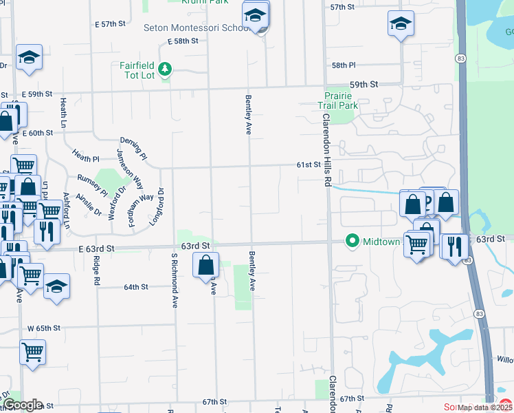 map of restaurants, bars, coffee shops, grocery stores, and more near 6201 Bentley Avenue in Willowbrook