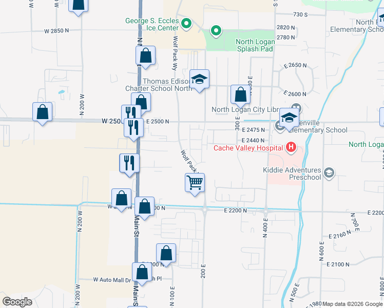map of restaurants, bars, coffee shops, grocery stores, and more near 2386 North 150 East in North Logan