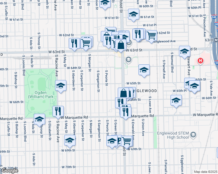 map of restaurants, bars, coffee shops, grocery stores, and more near 6509 South Peoria Street in Chicago