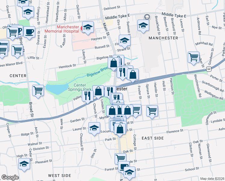 map of restaurants, bars, coffee shops, grocery stores, and more near 24 Center Street in Manchester