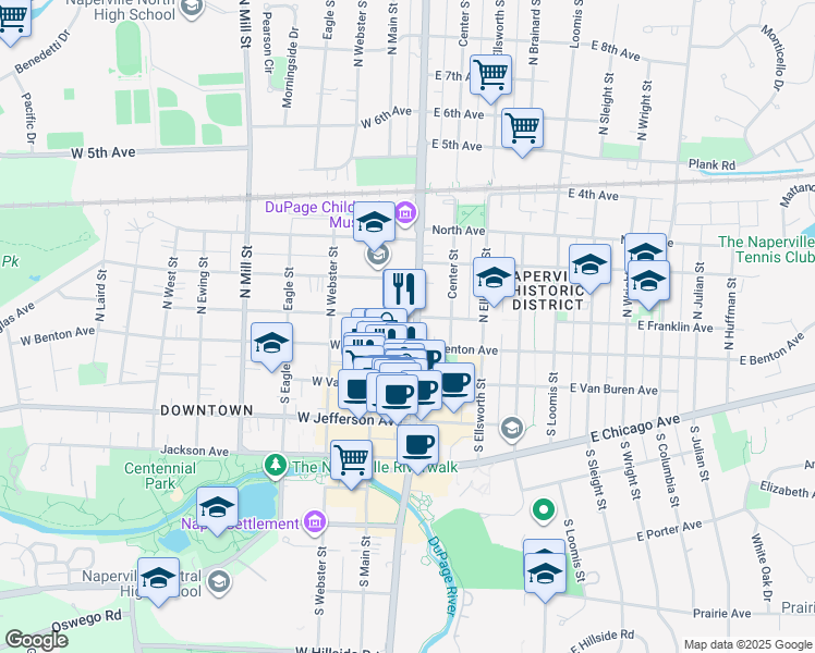 map of restaurants, bars, coffee shops, grocery stores, and more near 19 North Washington Street in Naperville