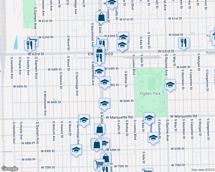 map of restaurants, bars, coffee shops, grocery stores, and more near 6502 South Justine Street in Chicago