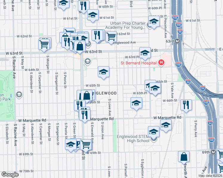 map of restaurants, bars, coffee shops, grocery stores, and more near 629 West 65th Street in Chicago