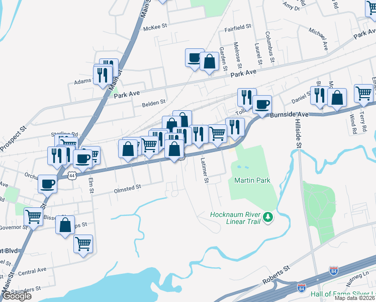 map of restaurants, bars, coffee shops, grocery stores, and more near 222 Burnside Avenue in East Hartford