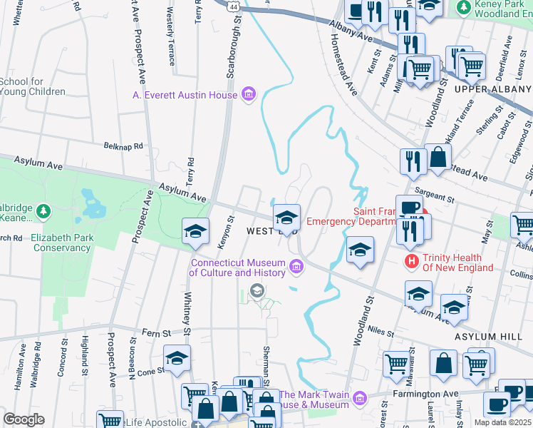 map of restaurants, bars, coffee shops, grocery stores, and more near 104 Goodwin Circle in Hartford