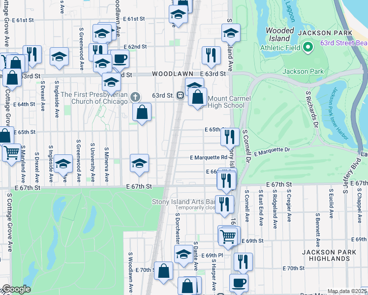 map of restaurants, bars, coffee shops, grocery stores, and more near 1400 East 65th Place in Chicago