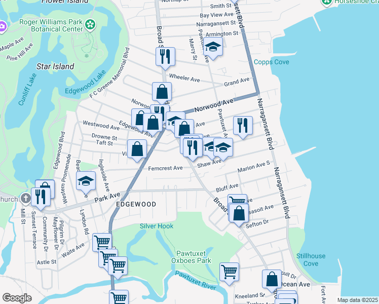 map of restaurants, bars, coffee shops, grocery stores, and more near 190 Albert Avenue in Cranston