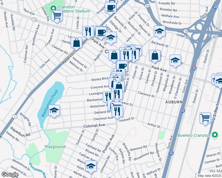 map of restaurants, bars, coffee shops, grocery stores, and more near 412 Pontiac Avenue in Cranston