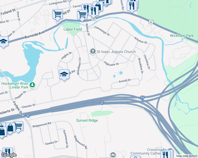 map of restaurants, bars, coffee shops, grocery stores, and more near 222 Woodlawn Circle in East Hartford
