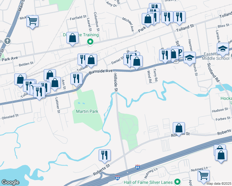 map of restaurants, bars, coffee shops, grocery stores, and more near 14 Hillside Street in East Hartford