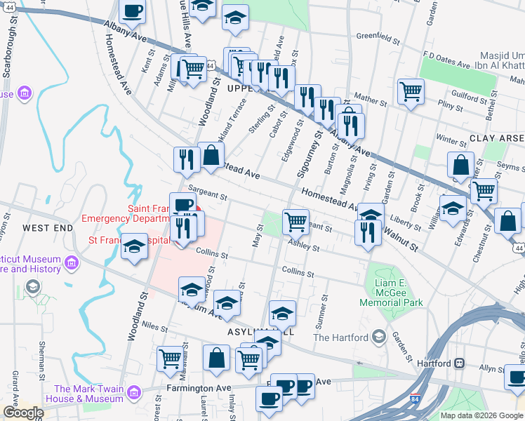 map of restaurants, bars, coffee shops, grocery stores, and more near 149 Homestead Avenue in Hartford