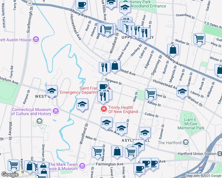 map of restaurants, bars, coffee shops, grocery stores, and more near 305 Sargeant Street in Hartford