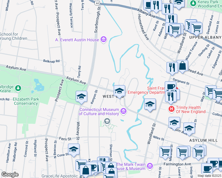 map of restaurants, bars, coffee shops, grocery stores, and more near 104 Goodwin Circle in Hartford