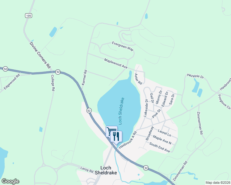 map of restaurants, bars, coffee shops, grocery stores, and more near 7 Woodland Townhouse Road in Loch Sheldrake