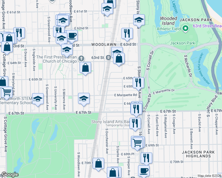 map of restaurants, bars, coffee shops, grocery stores, and more near 1400 East 65th Place in Chicago