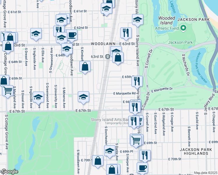 map of restaurants, bars, coffee shops, grocery stores, and more near 1400 East 65th Place in Chicago