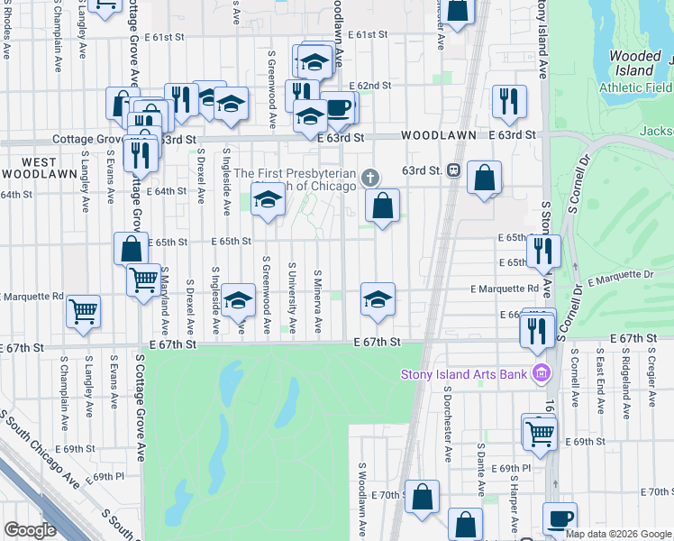 map of restaurants, bars, coffee shops, grocery stores, and more near 6509 South Minerva Avenue in Chicago