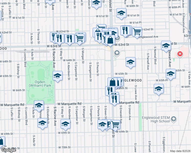 map of restaurants, bars, coffee shops, grocery stores, and more near 6447 South Sangamon Street in Chicago