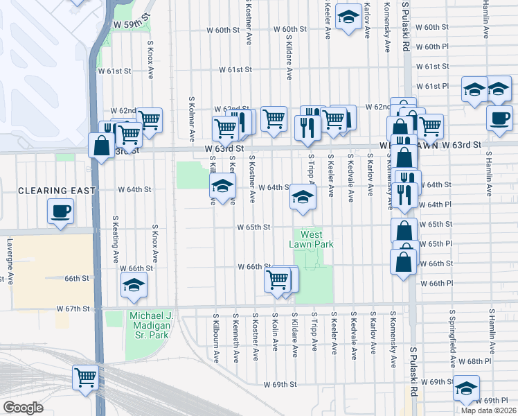 map of restaurants, bars, coffee shops, grocery stores, and more near 6405 South Kostner Avenue in Chicago
