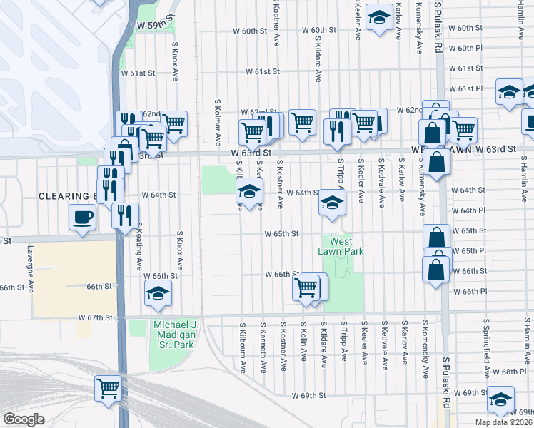 map of restaurants, bars, coffee shops, grocery stores, and more near 6405 South Kenneth Avenue in Chicago
