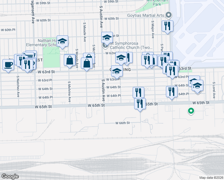 map of restaurants, bars, coffee shops, grocery stores, and more near 5910 West 64th Street in Chicago