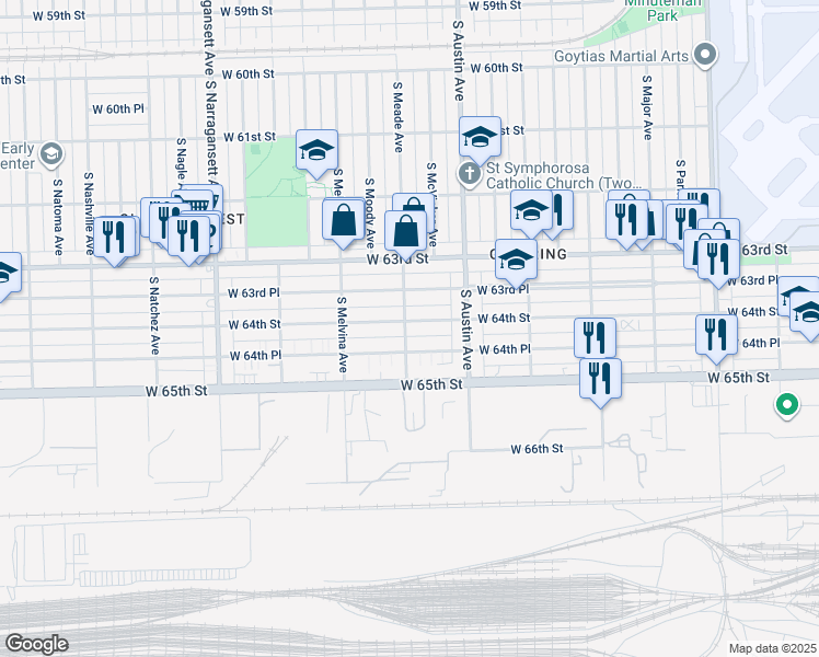 map of restaurants, bars, coffee shops, grocery stores, and more near 6101 West 63rd Place in Chicago