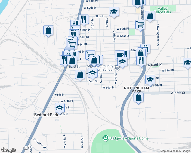 map of restaurants, bars, coffee shops, grocery stores, and more near 7506 West 63rd Place in Summit