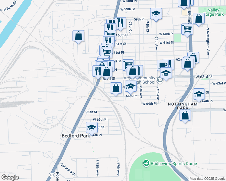 map of restaurants, bars, coffee shops, grocery stores, and more near 7620 West 63rd Place in Summit