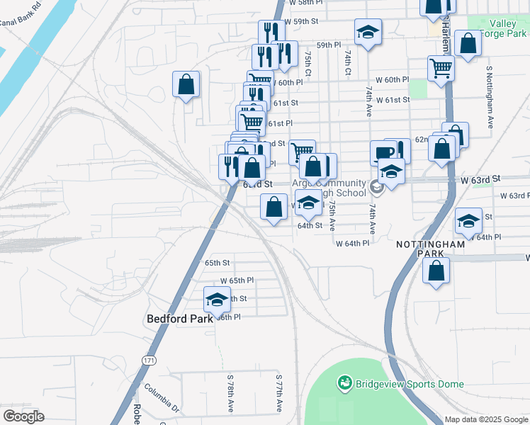 map of restaurants, bars, coffee shops, grocery stores, and more near 7620 West 63rd Place in Summit