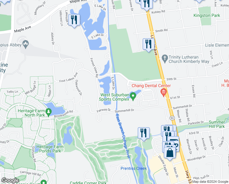 map of restaurants, bars, coffee shops, grocery stores, and more near 6002 East Lake Drive in Lisle