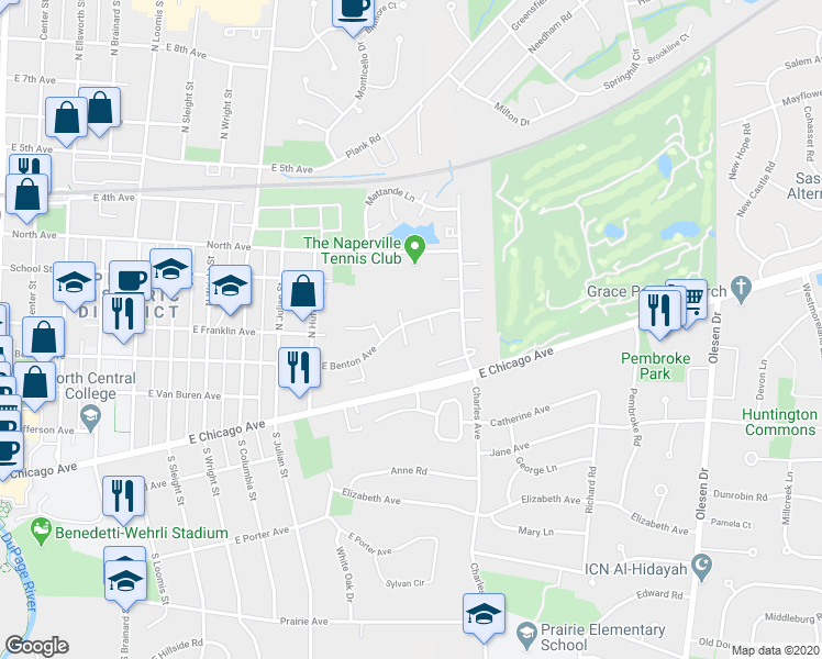 map of restaurants, bars, coffee shops, grocery stores, and more near 1013 East Benton Avenue in Naperville